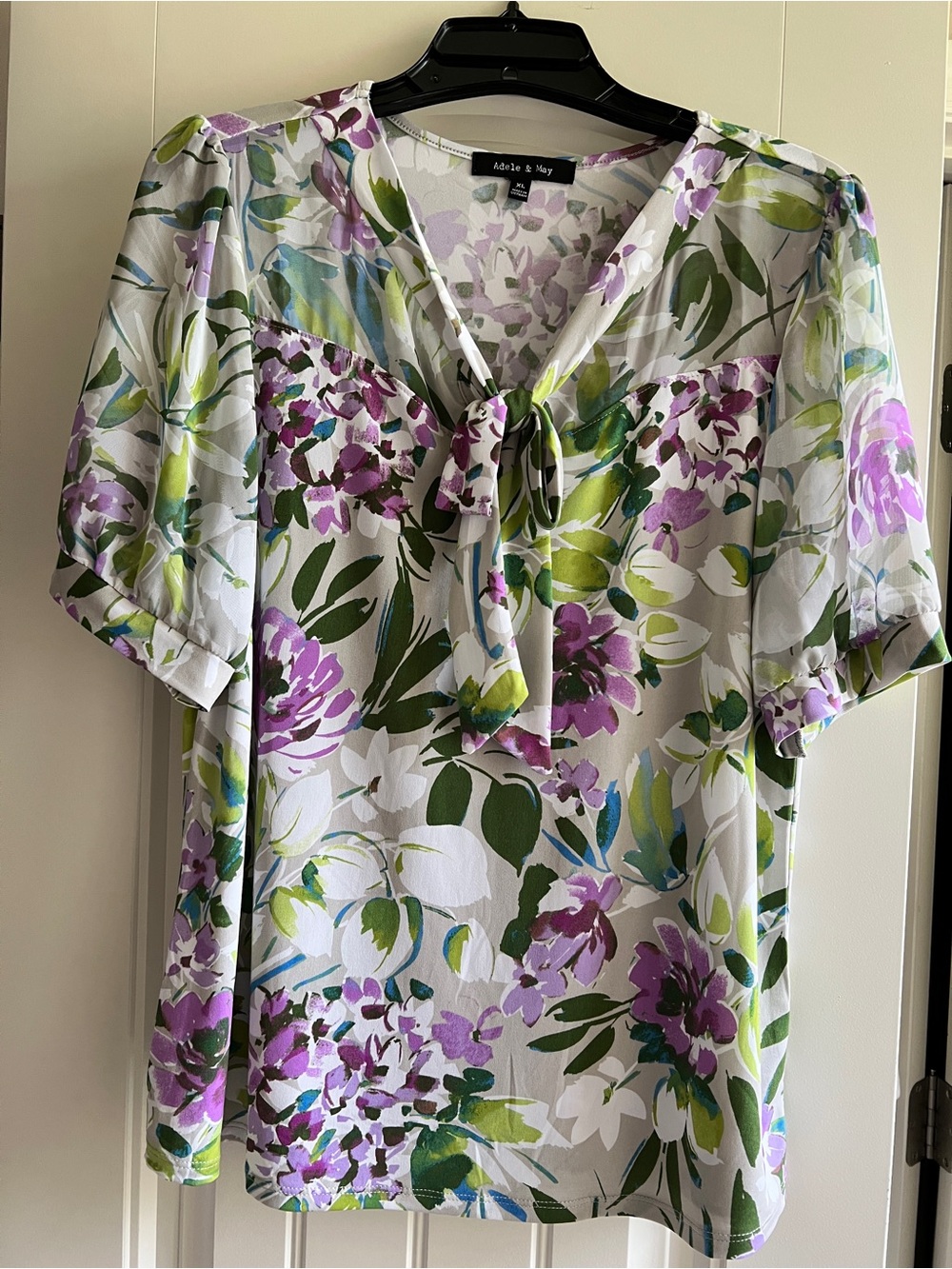 Adele & May Purple Lavender Green Floral Tie-Neck Blouse Top Sz XL